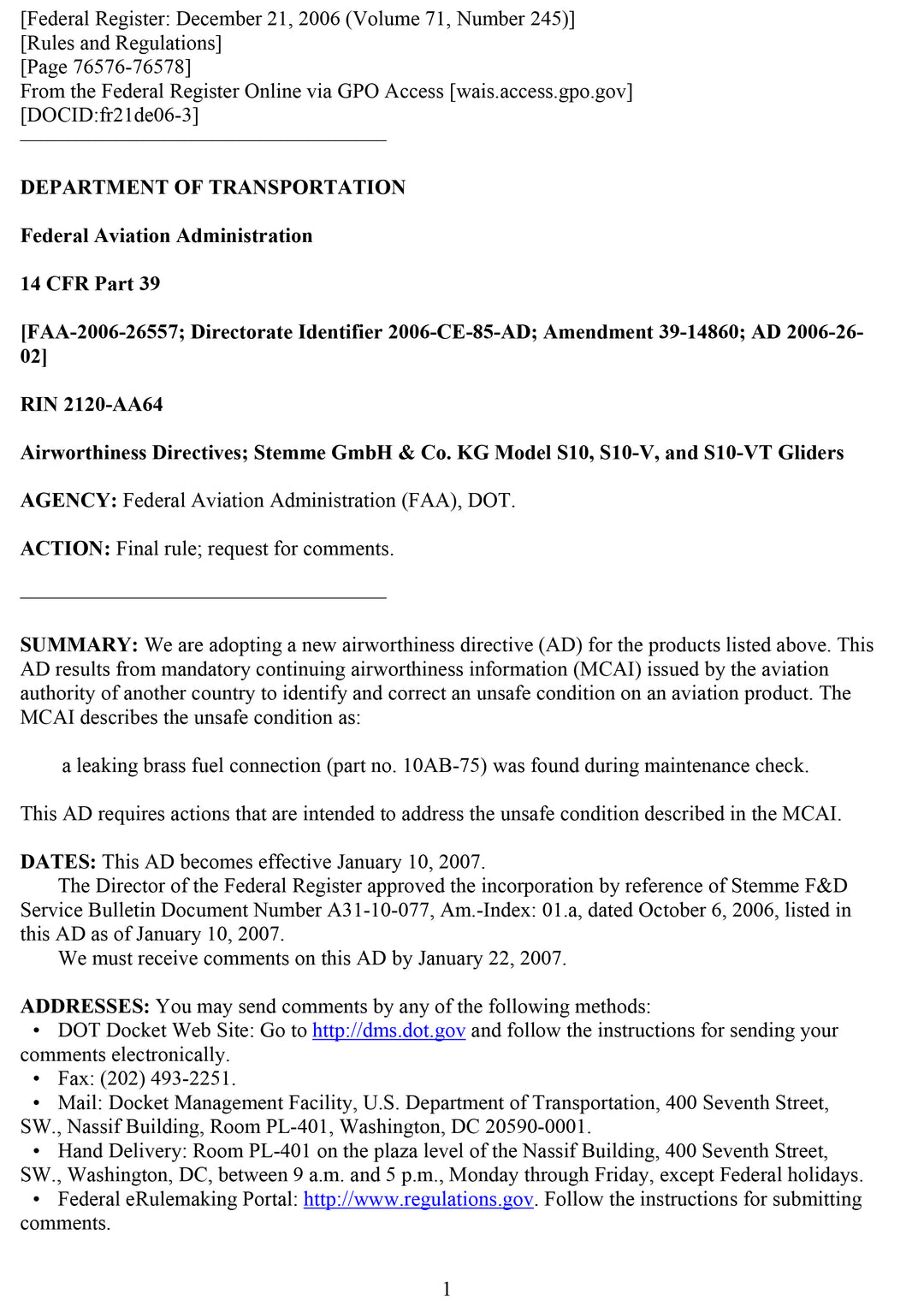 S10 FAA AD Leaking Fuel Connector