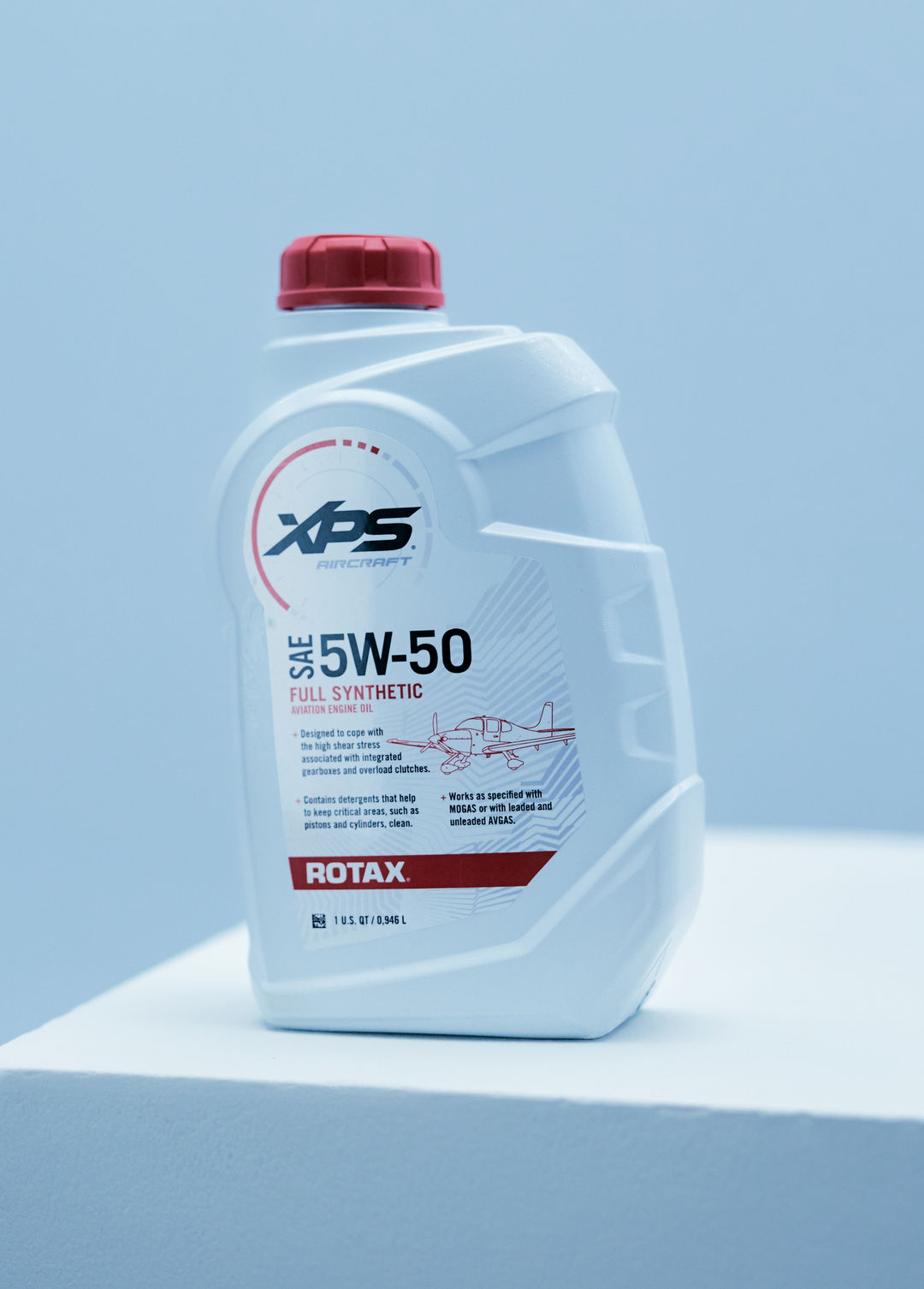 XPS 5W-50 full synthetic engine oil bottle on a light blue background