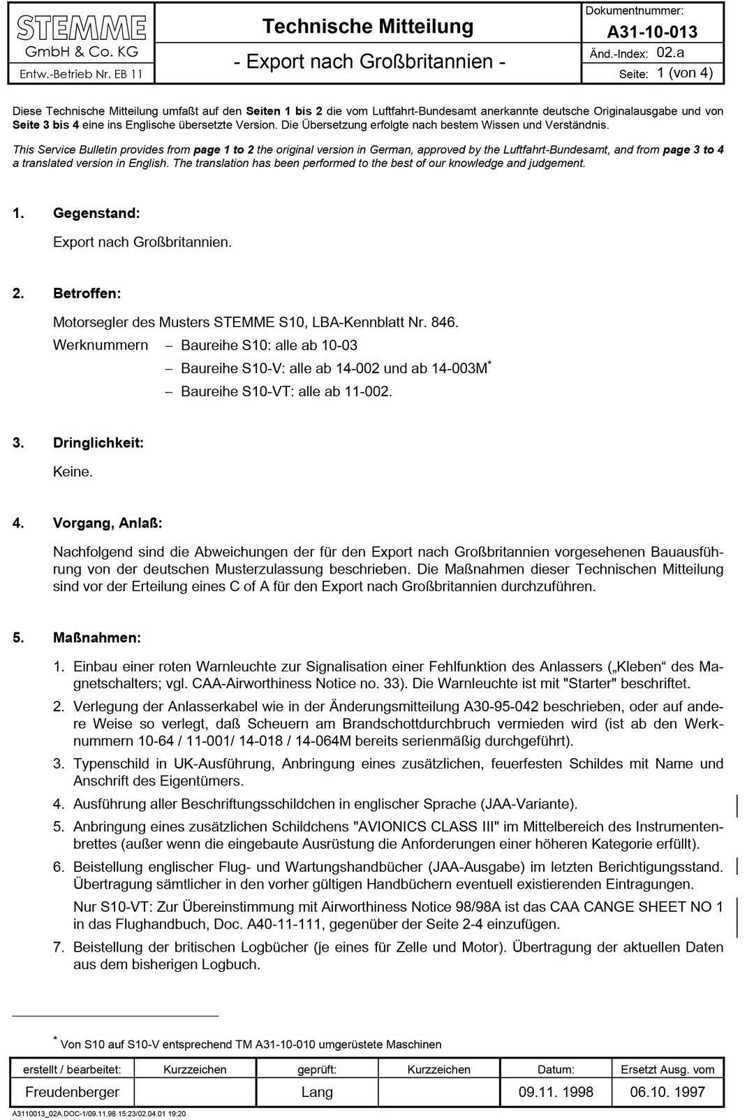 S10 Service Bulletin Export to Great Britain