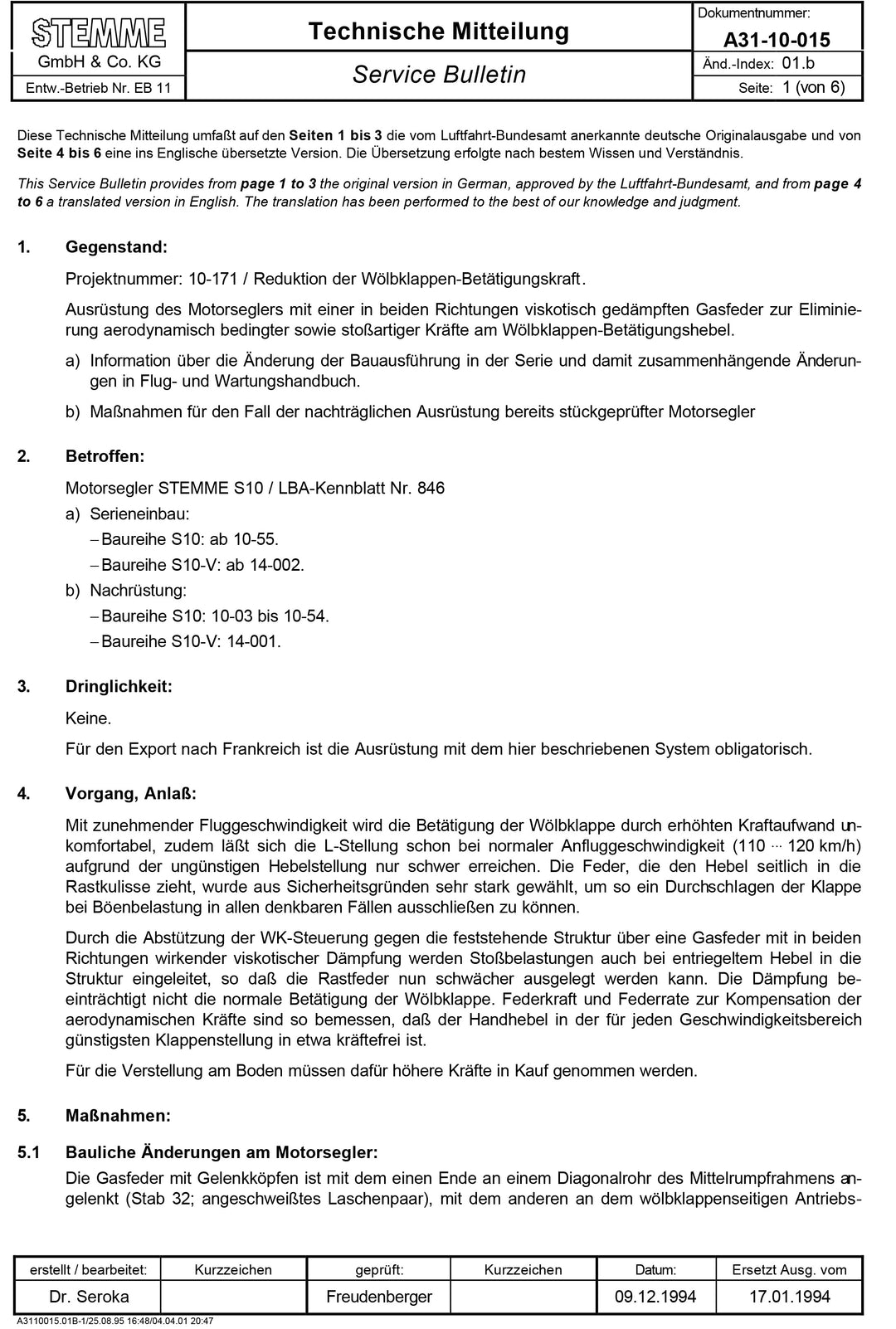 S10, -V Service Bulletin Wing Flap Force Reduction