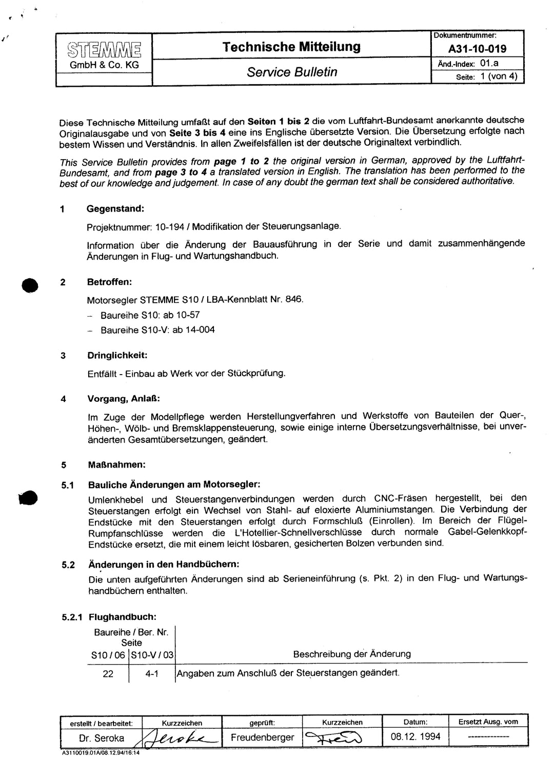 S10, -V Service Bulletin Transmission Ratios