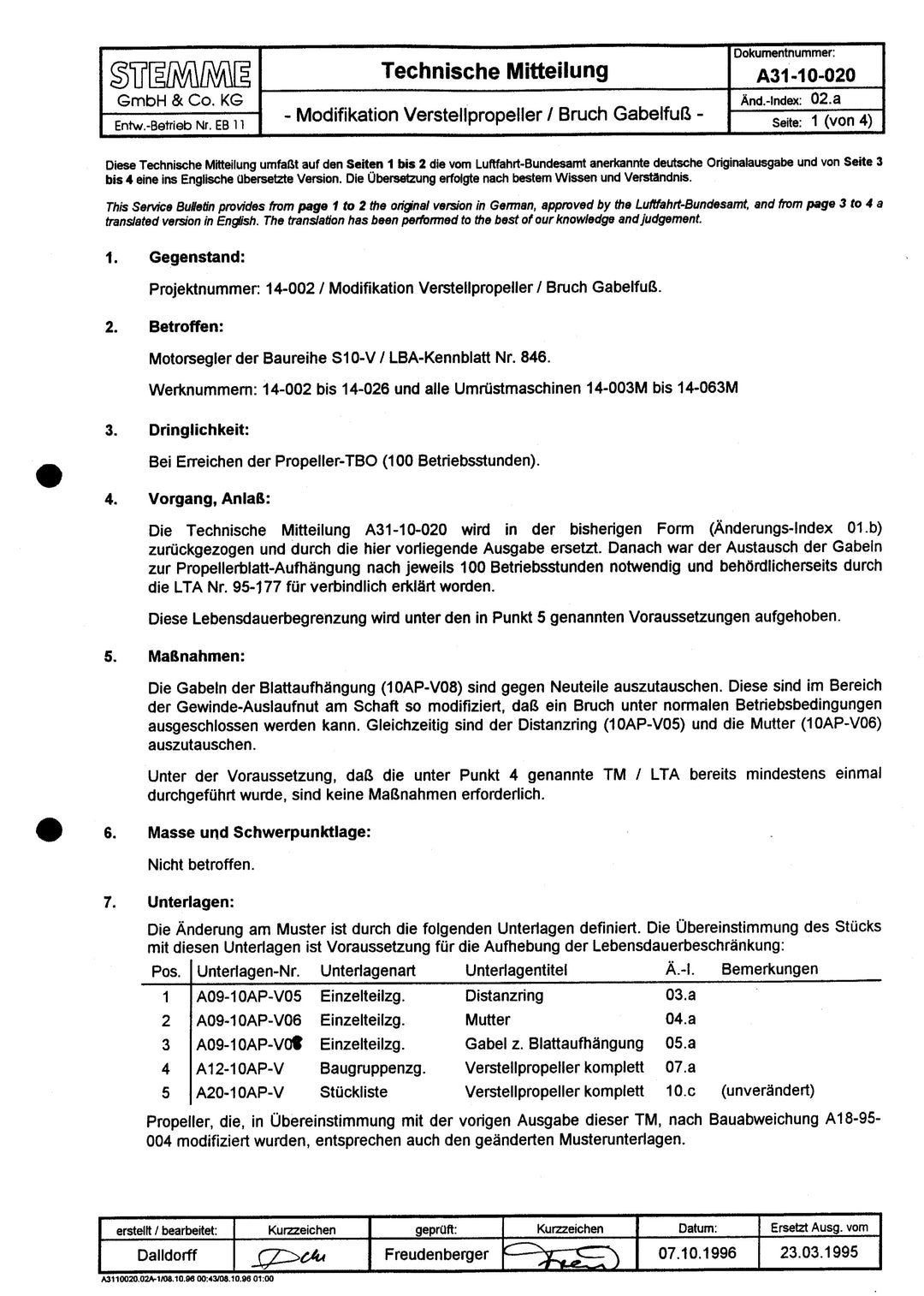 S10-V Service Bulletin Blade Suspension Failure