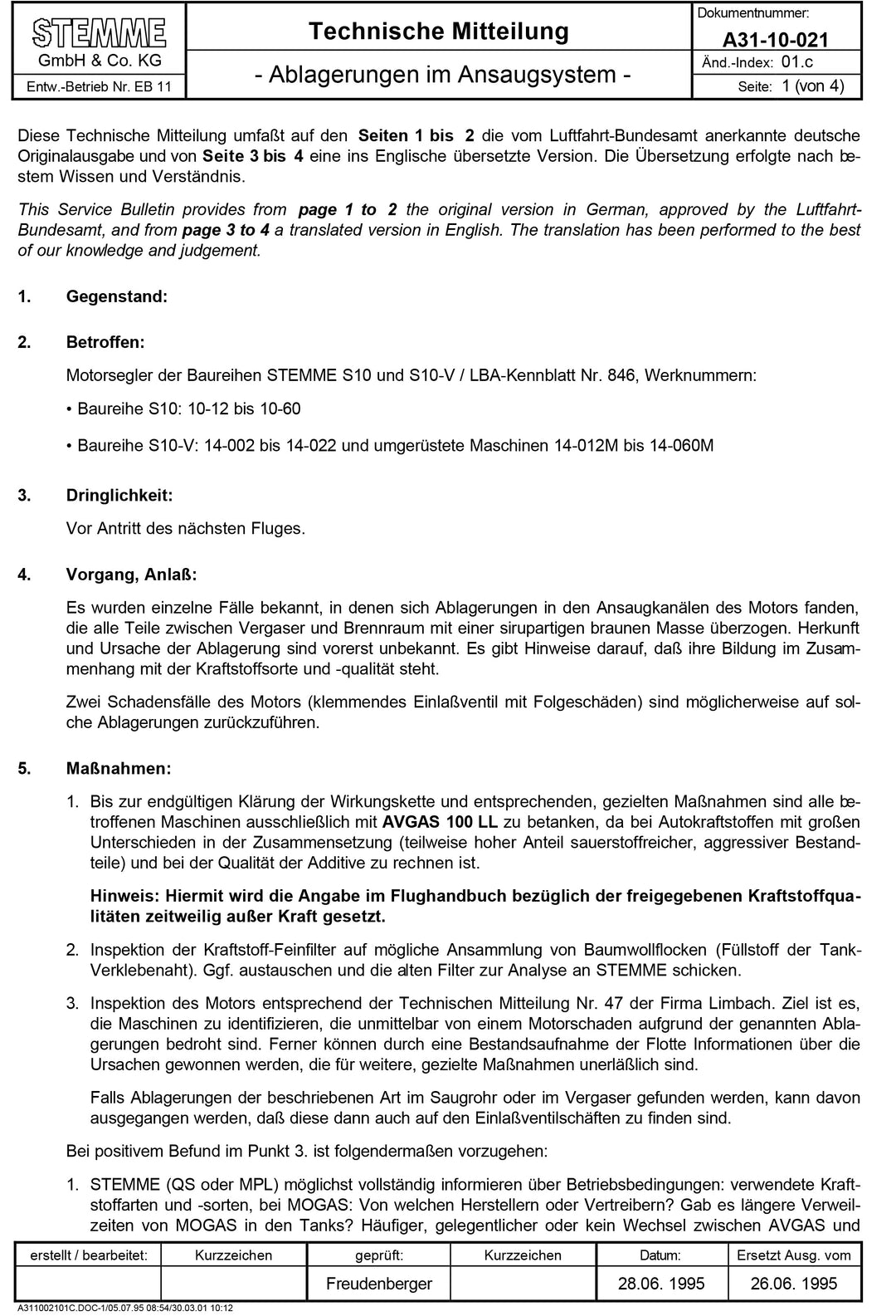S10, -V Service Bulletin Induction Manifold