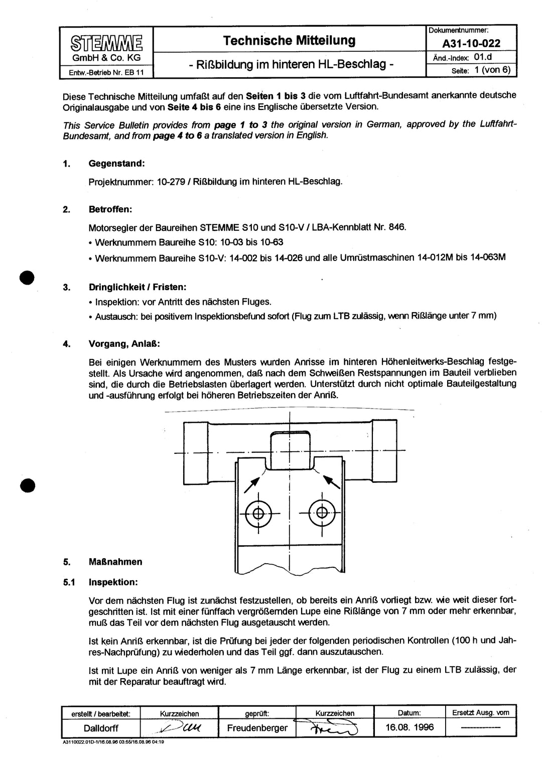 S10, -V Service Bulletin Cracks in Stabilizer Fitting