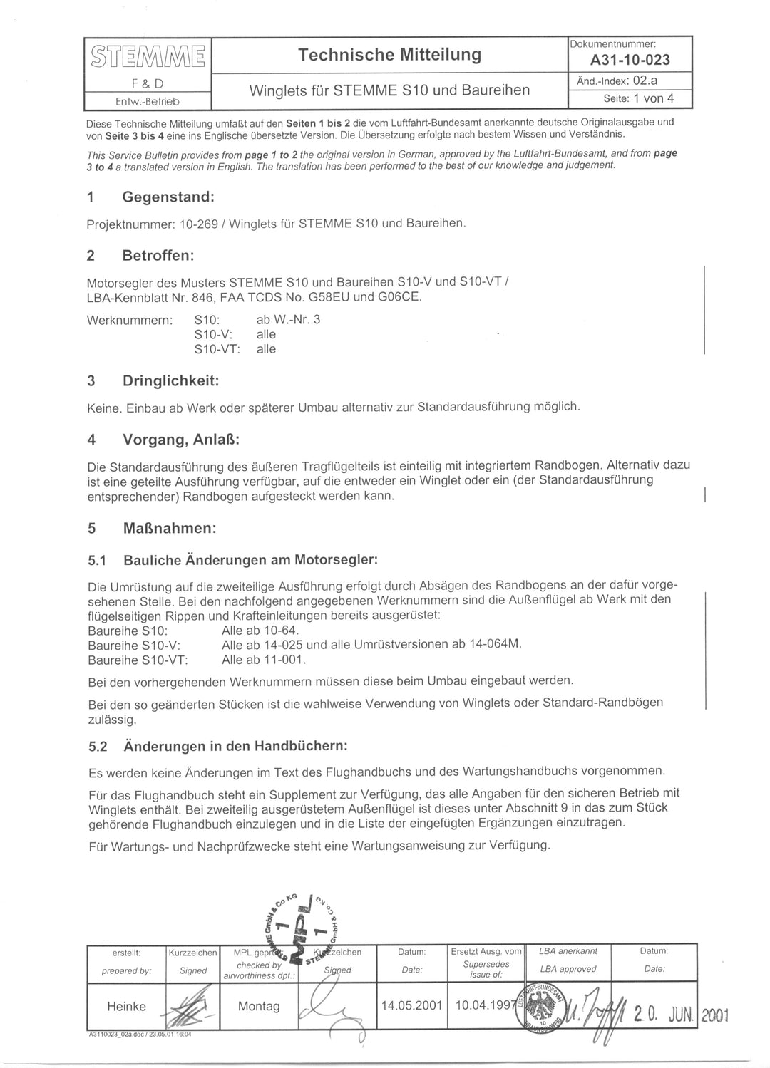 S10 Service Bulletin S10 Winglets