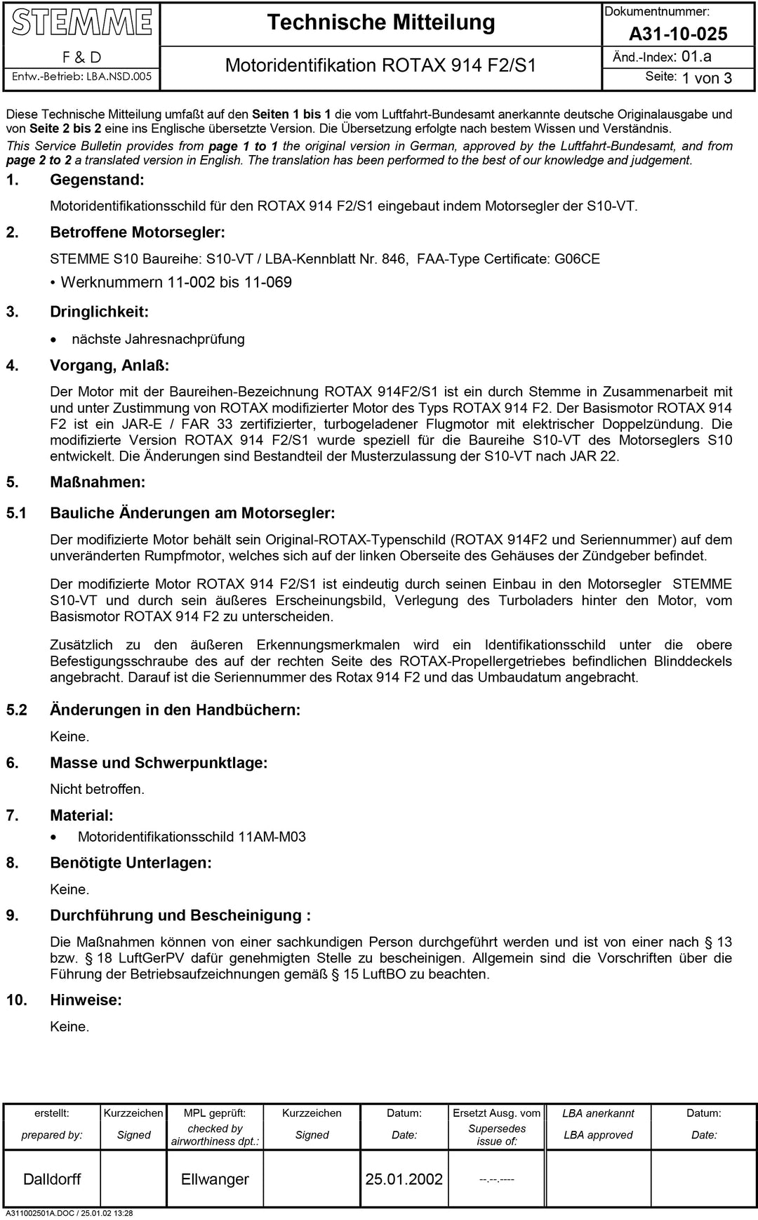 S10 Service Bulletin Rotax Identification Plate