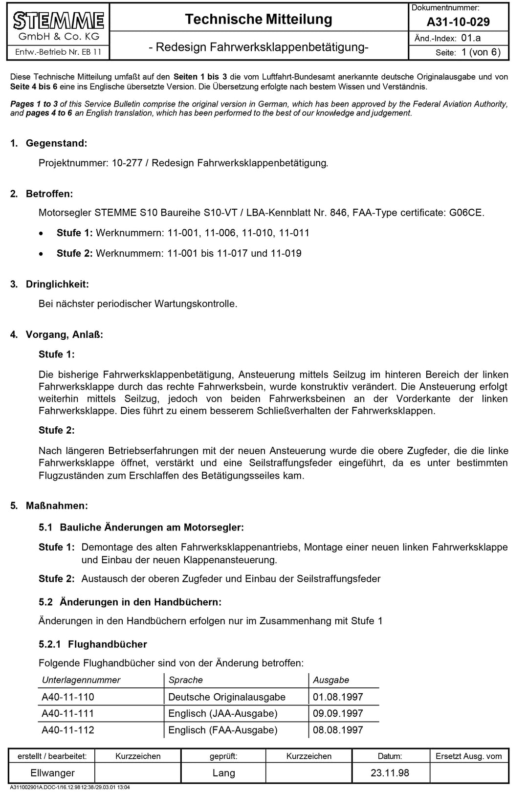 S10 Service Bulletin Gear Door Operation