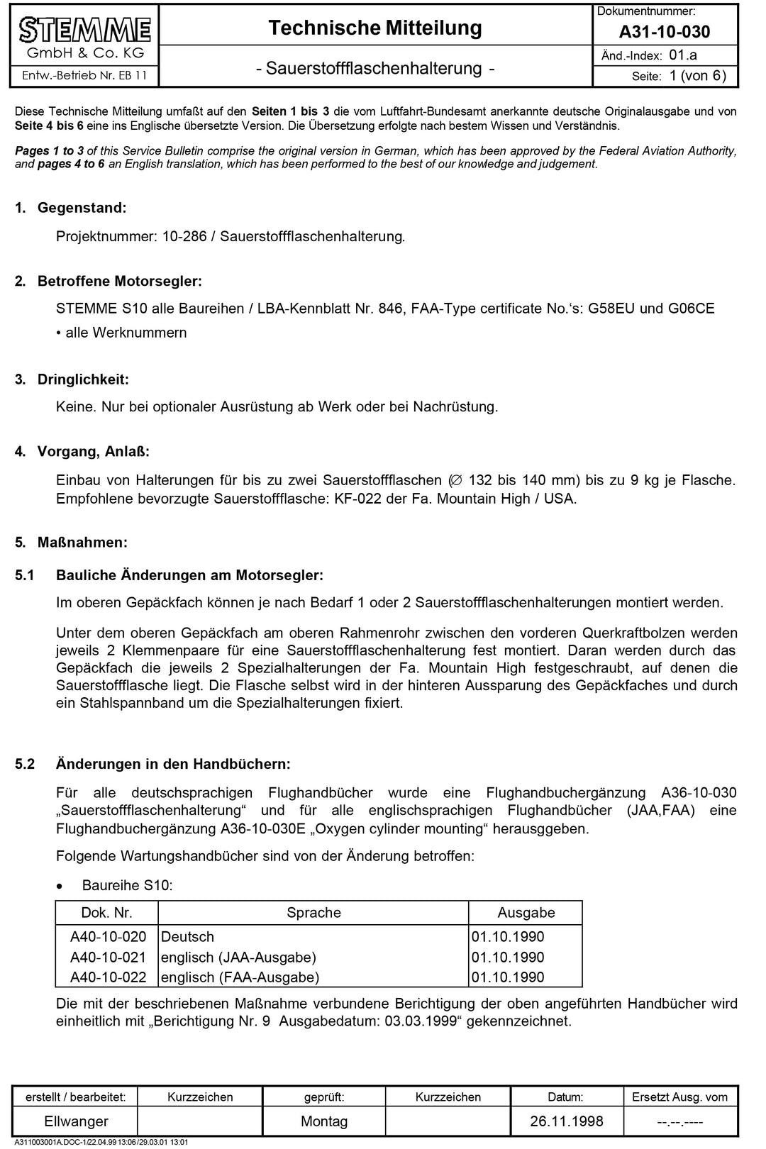 S10 Service Bulletin Oxygen Cylinder Mounting