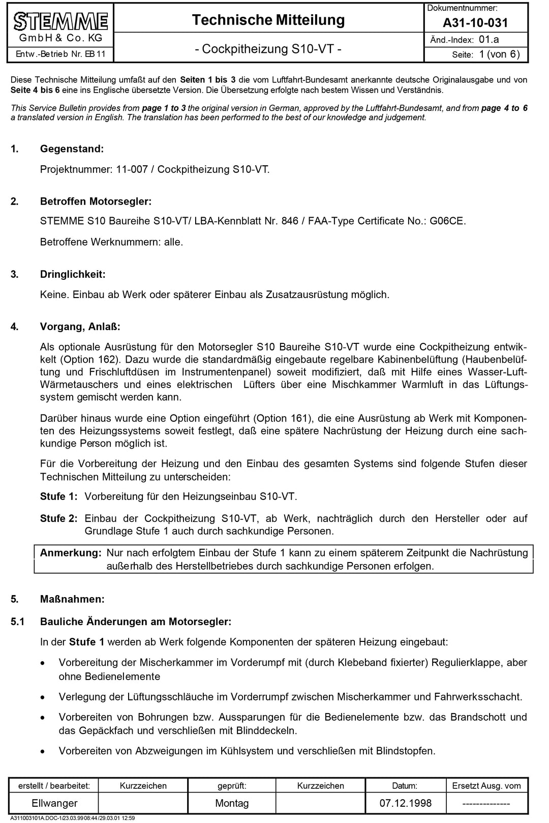 S10 Service Bulletin Cockpit Heating