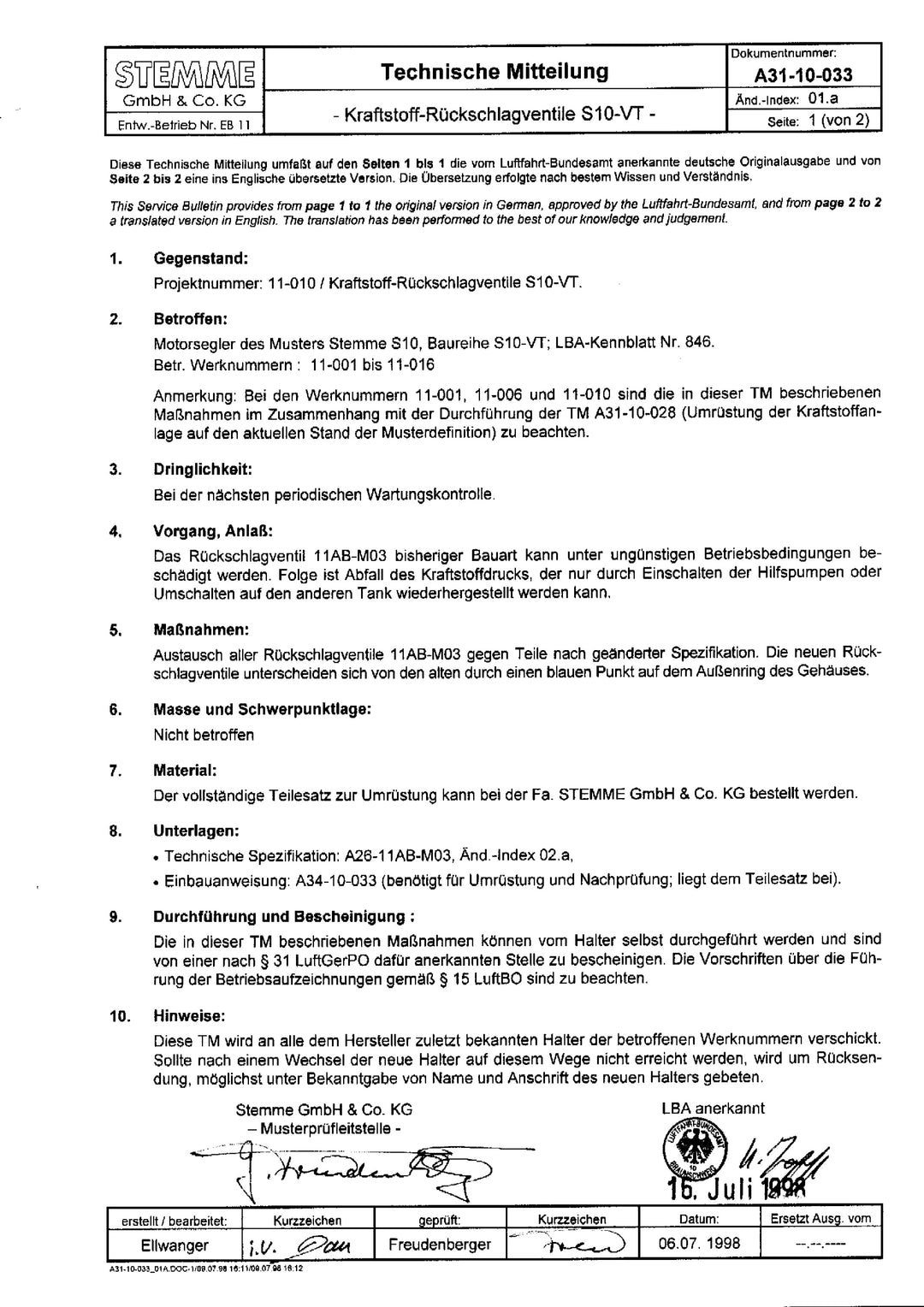 S10 Service Bulletin Check Valves