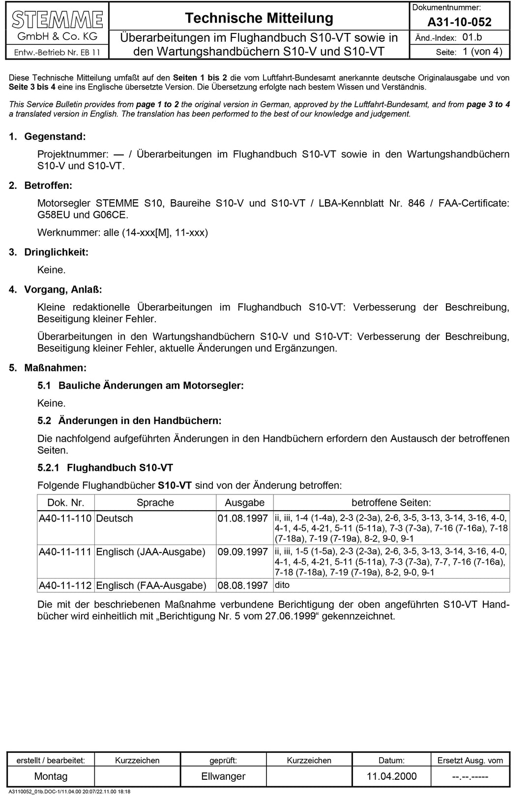S10 Service Bulletin Flight Manual Revision