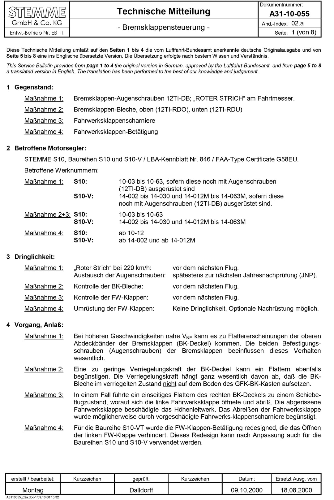 S10, -V Service Bulletin Air Brake Control