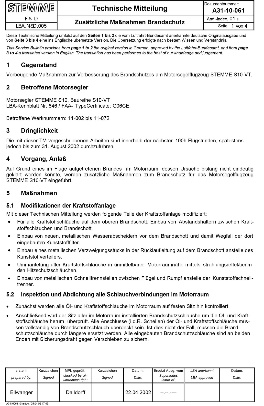 S10 Service Bulletin Fire Protection