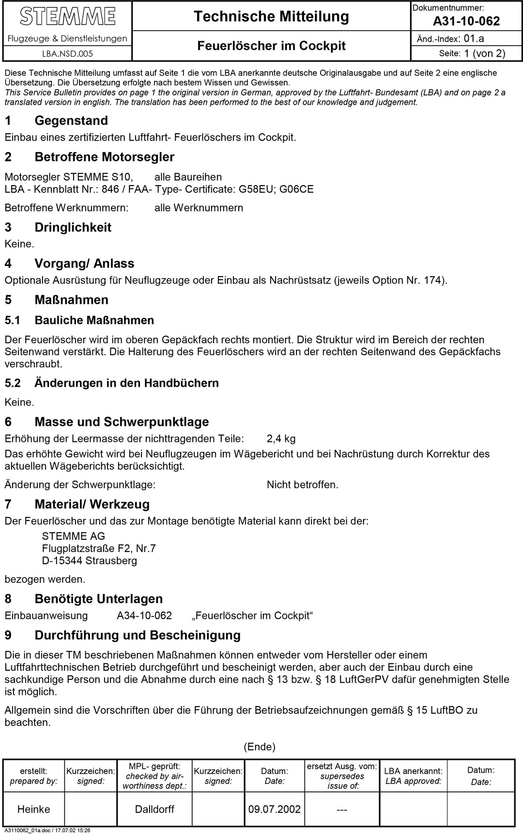 S10 Service Bulletin Fire Extinguisher