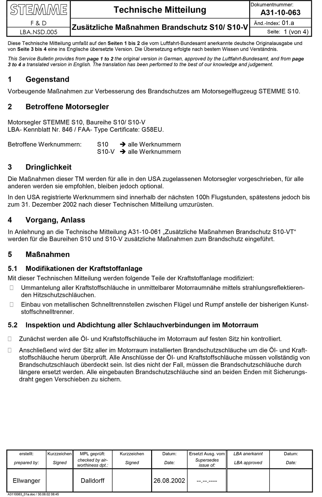 S10, -V Service Bulletin Fire Protection