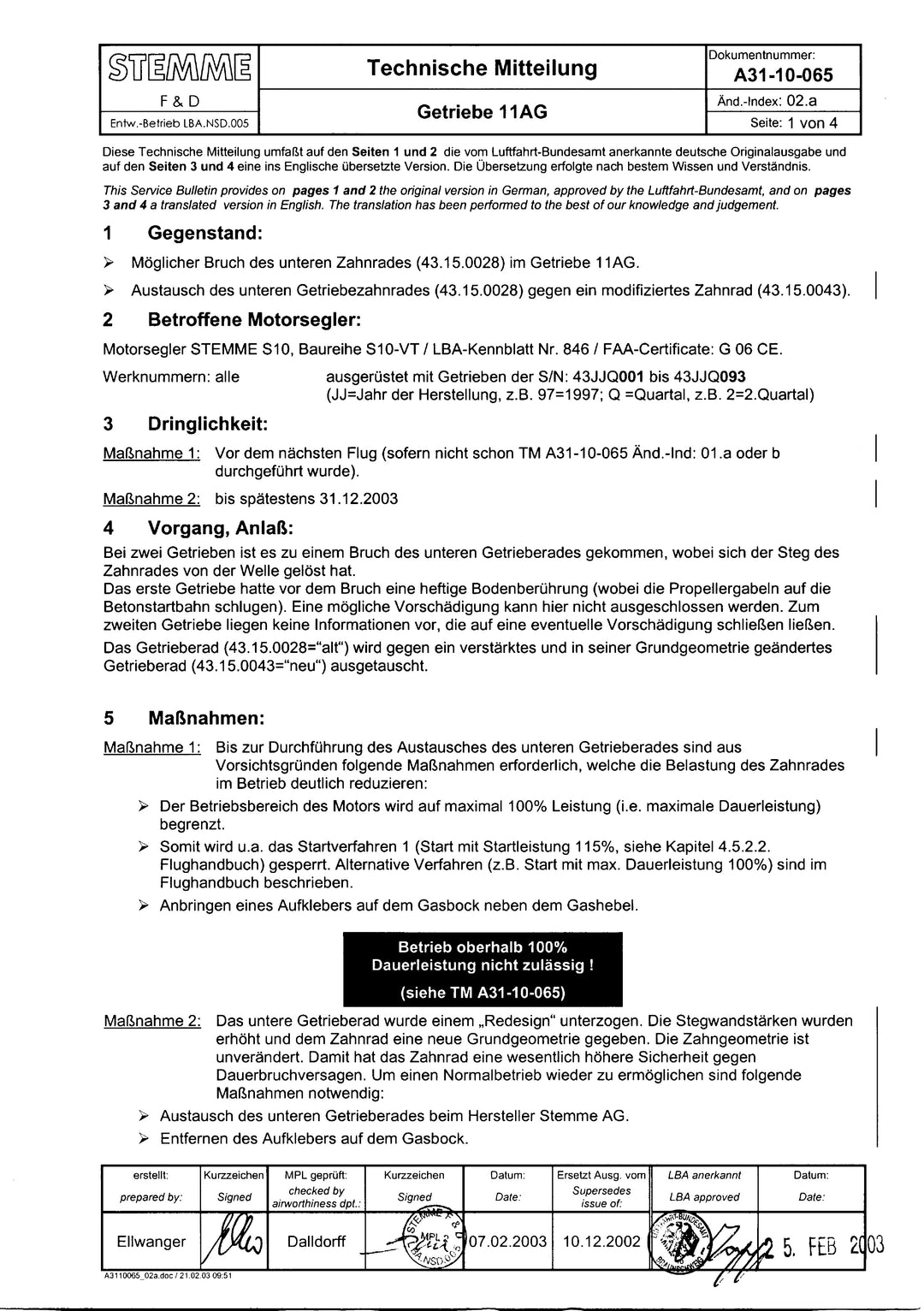 S10 Service Bulletin Gear Box 11AG