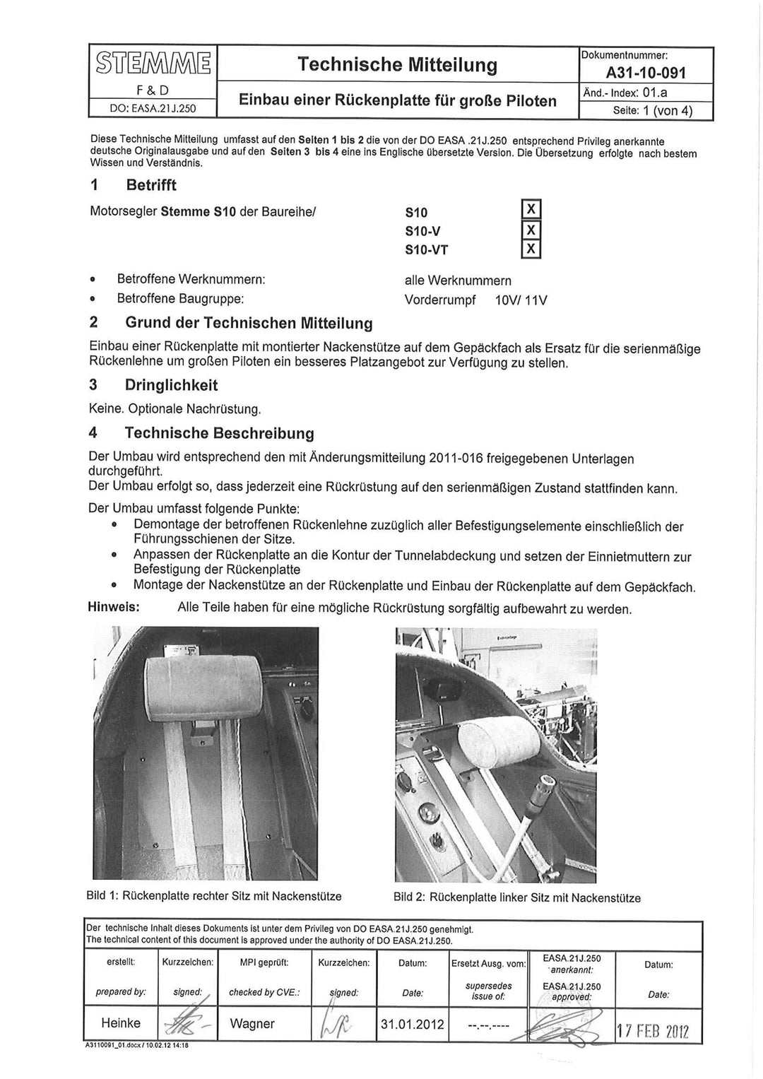S10 Service Bulletin Tall Pilot Back Plate