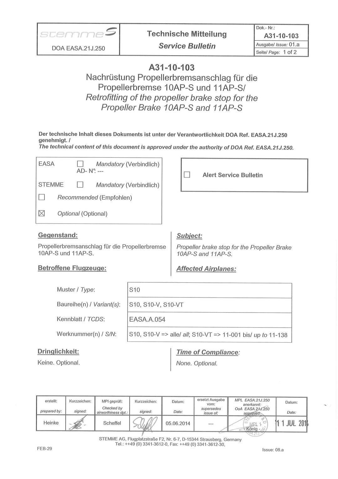 S10 Service Bulletin Propeller Brake