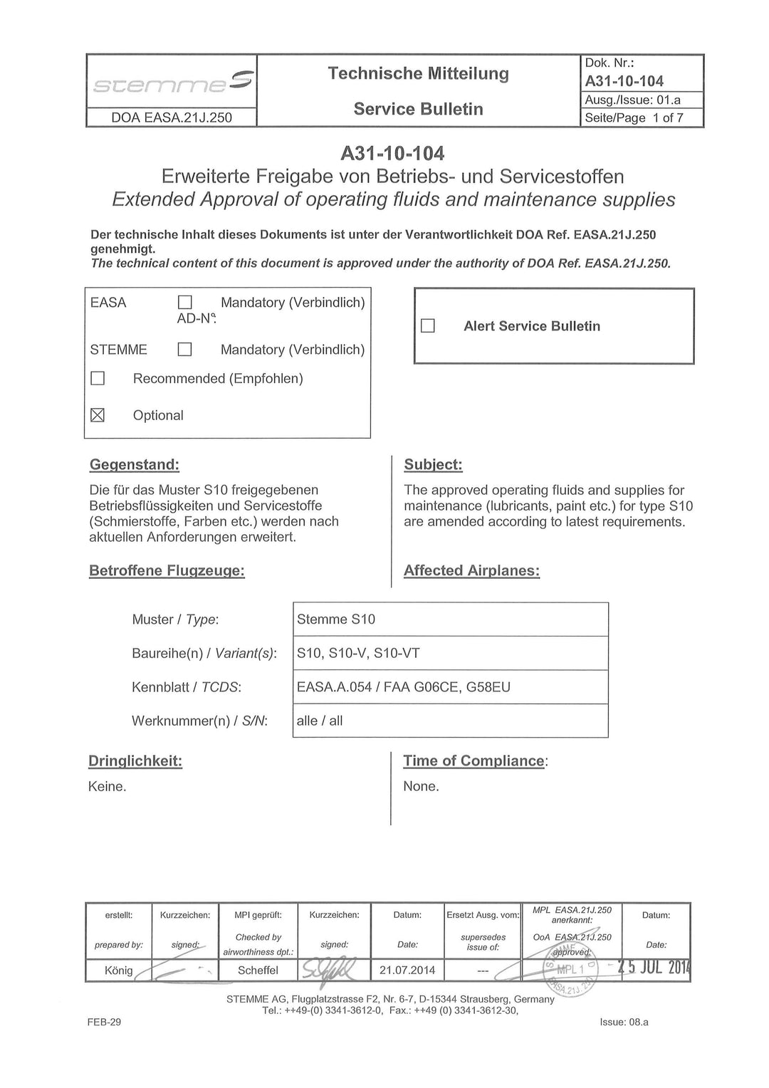 S10 Service Bulletin Fluid Approval