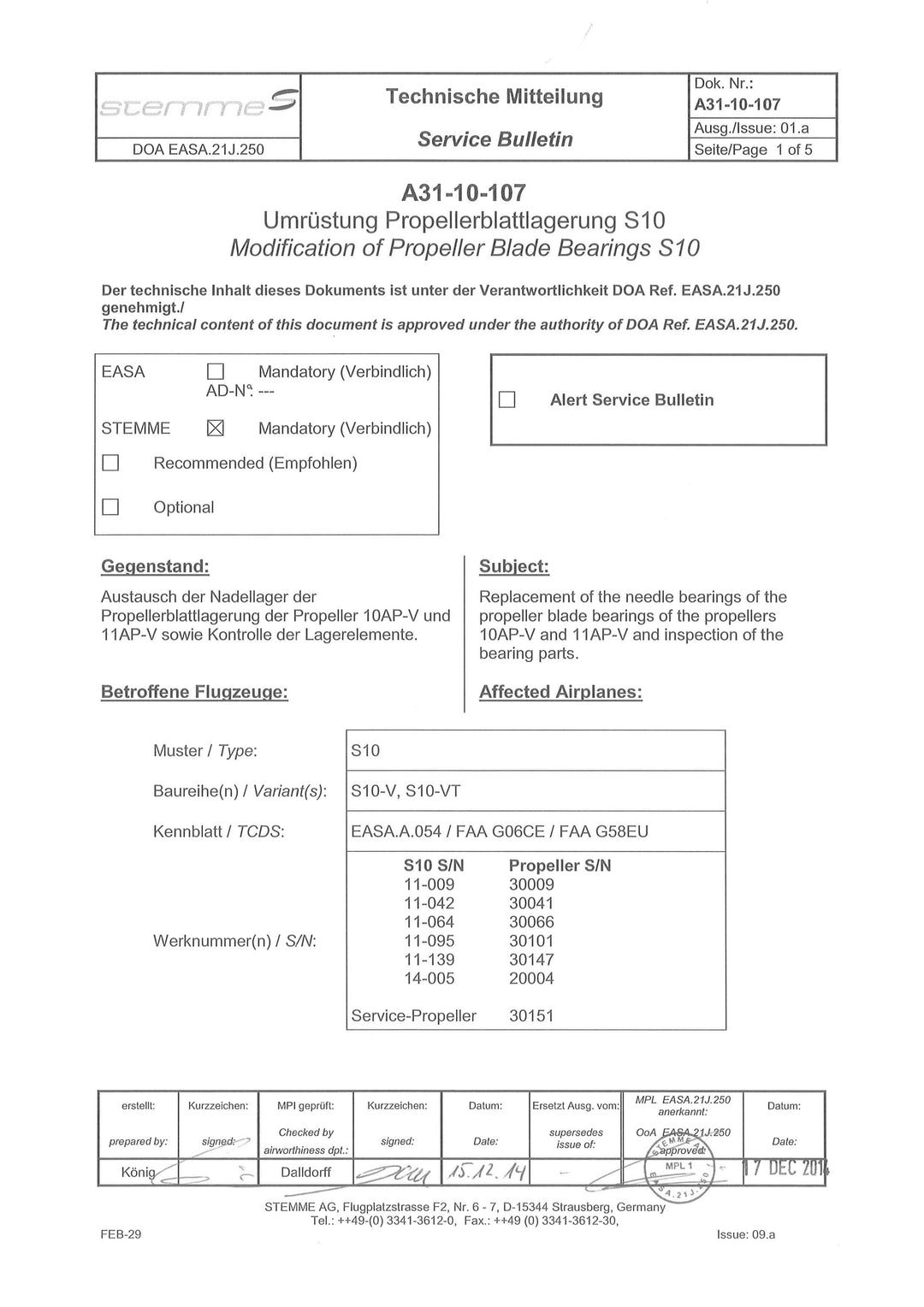 S10 Service Bulletin Propeller Bearings