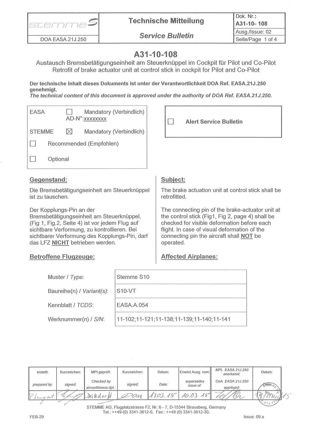 S10 Service Bulletin Brake Actuator