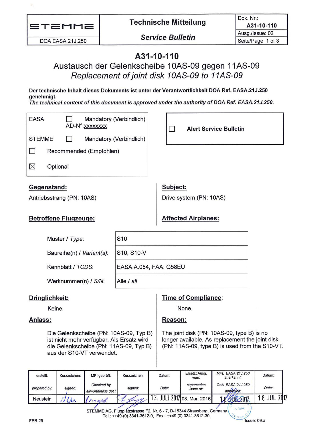 S10-V Service Bulletin 10AS-09 to 11AS-09 Replacement