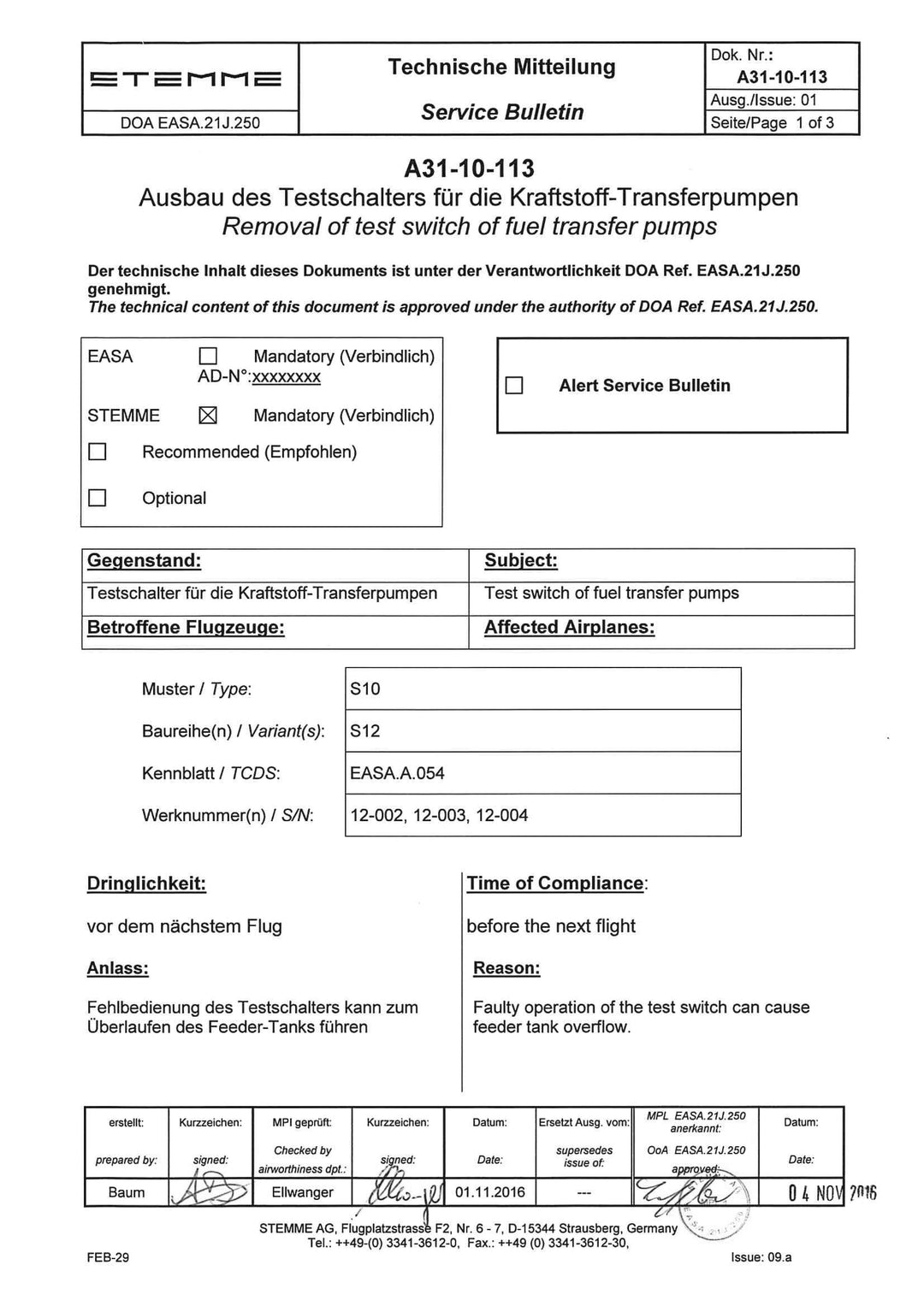 S12 Service Bulletin Fuel Transfer Pumps