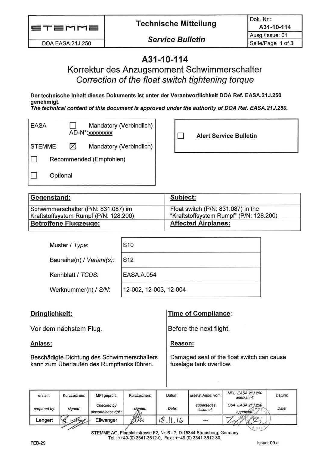 S12 Service Bulletin Float Switch Torque