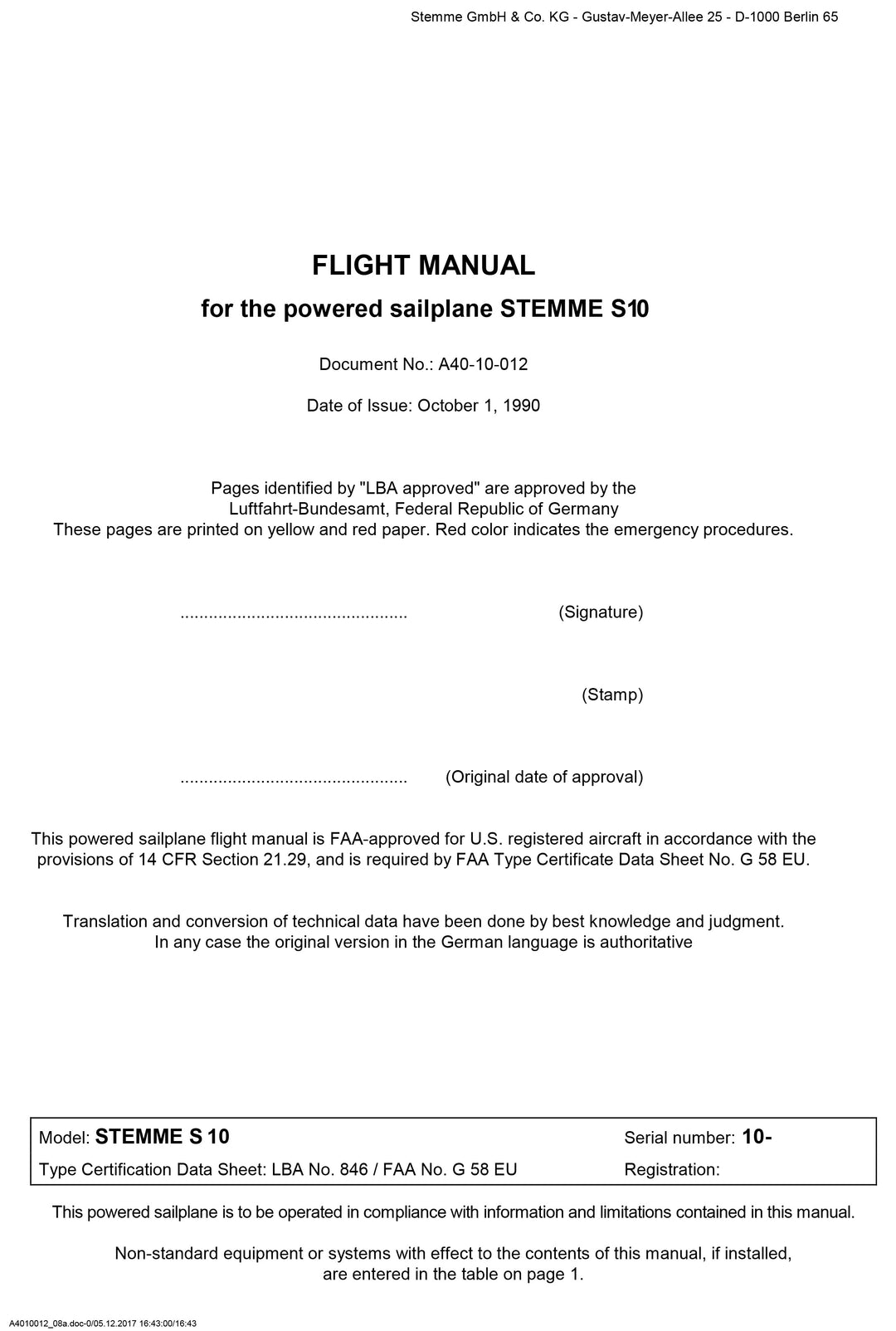 Flight Manual April 16, 2014 Revisions S10-VT