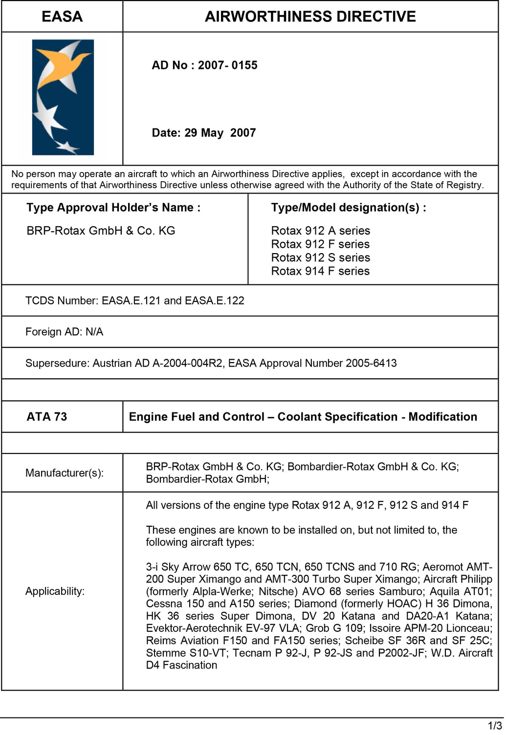 S10 EASA AD Coolant Specification