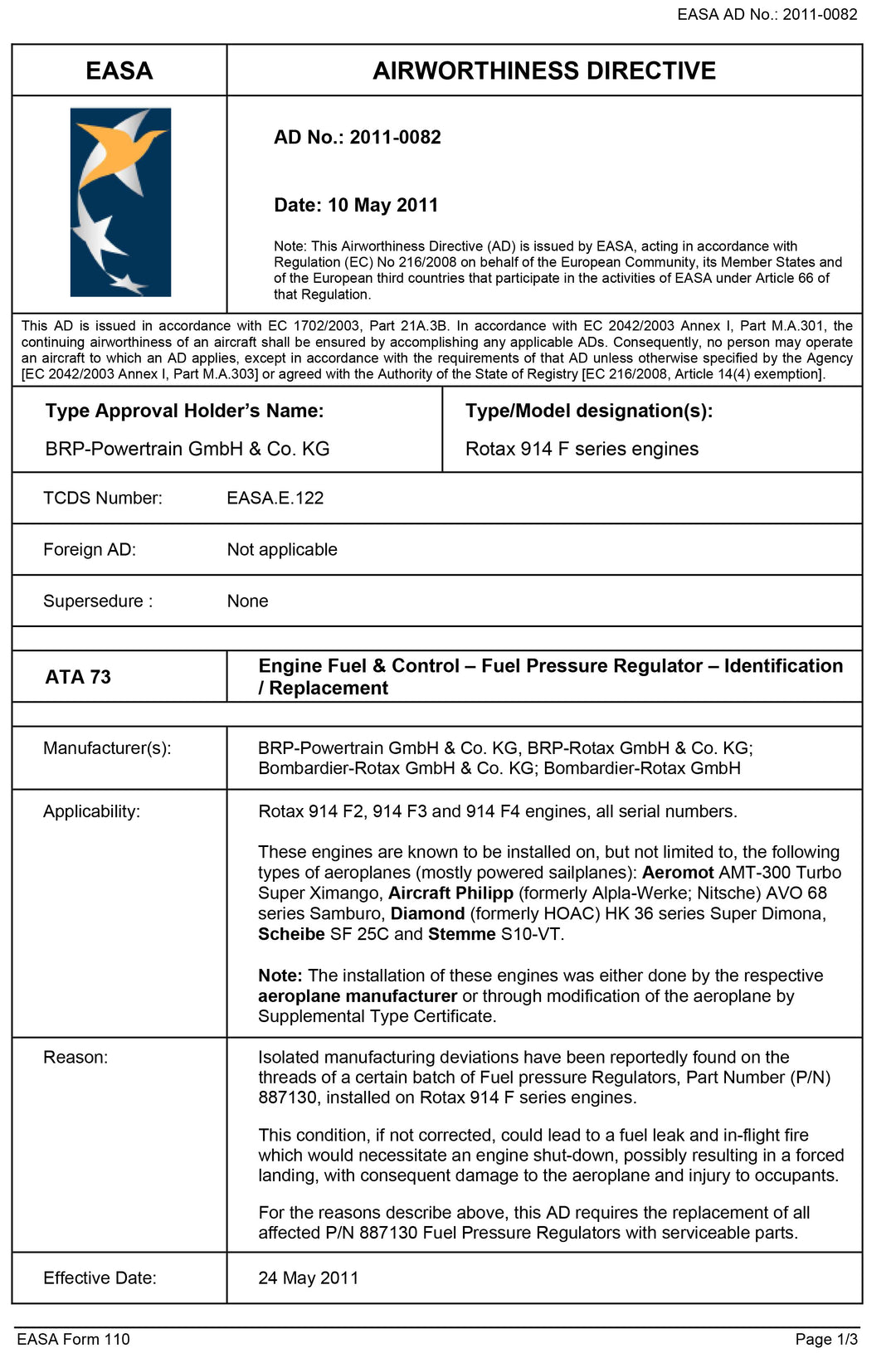 S10 EASA AD Fuel Regulator Threads
