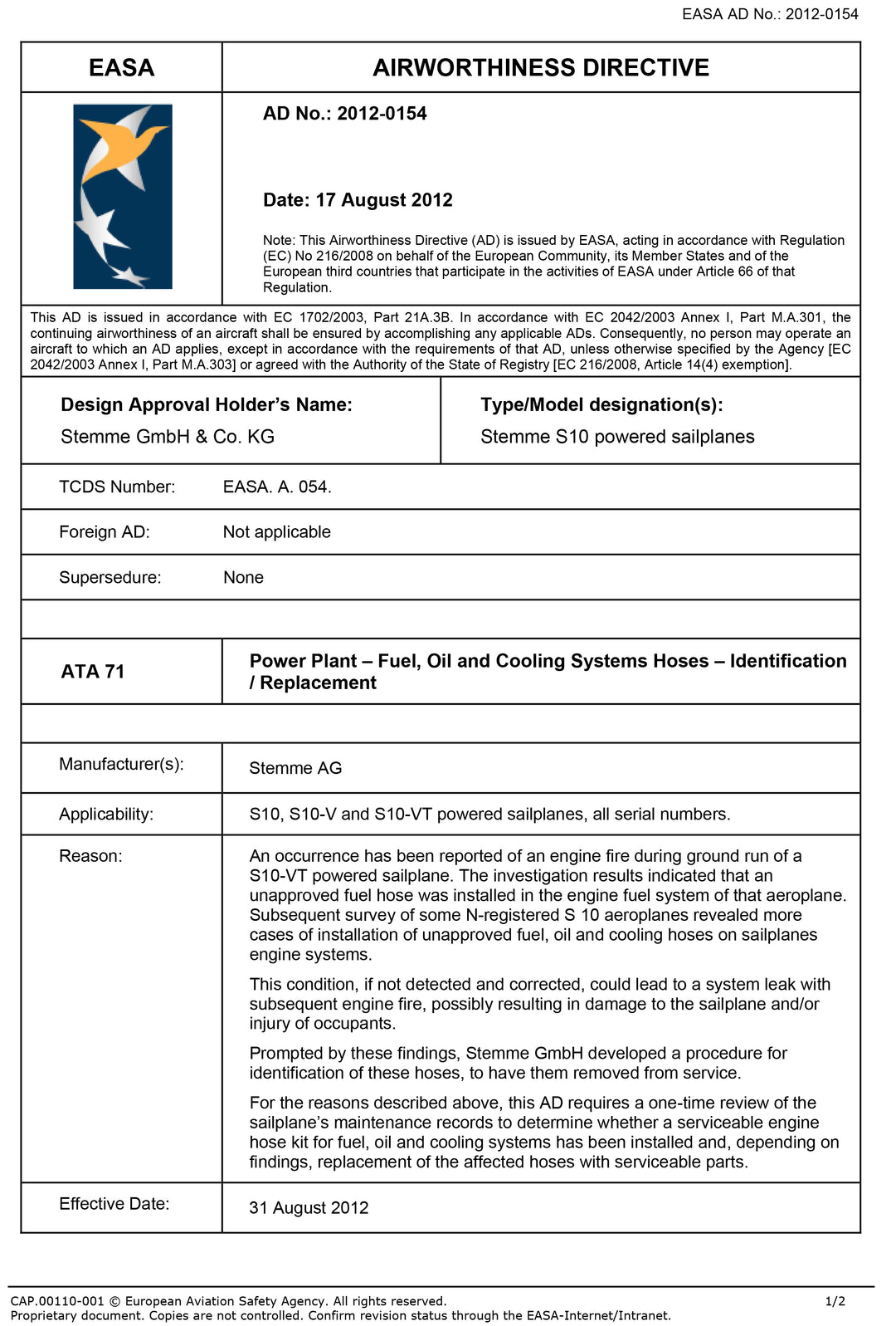 S10 EASA AD Fuel Hose Inspection