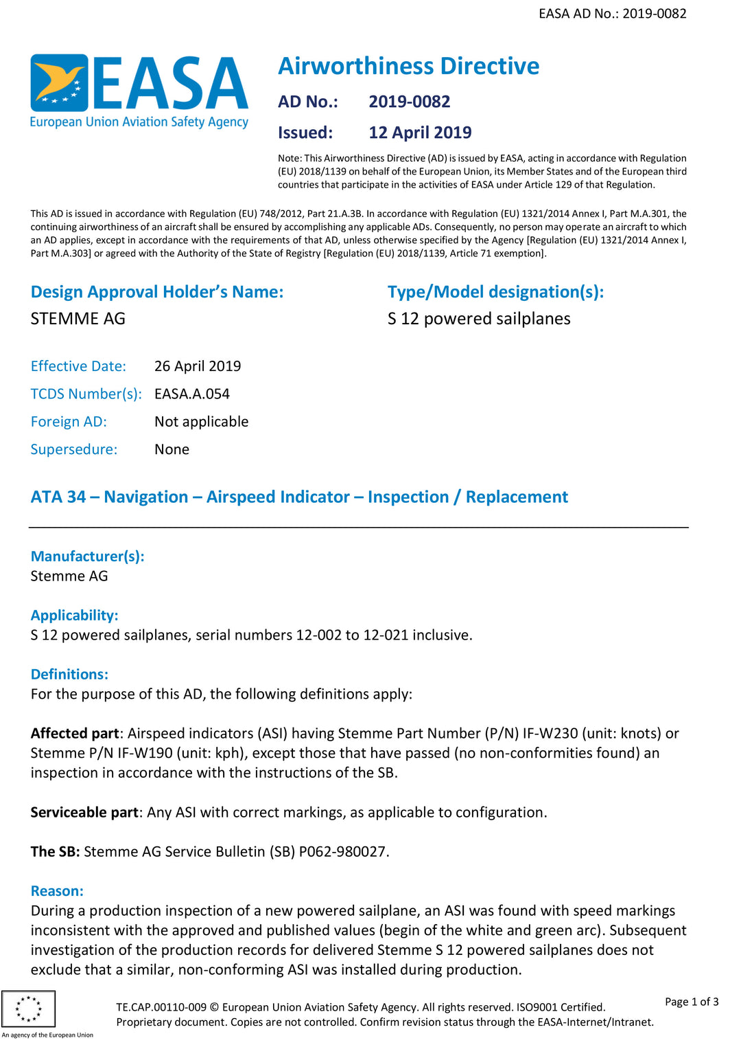 S12 EASA AD ASI Replacement