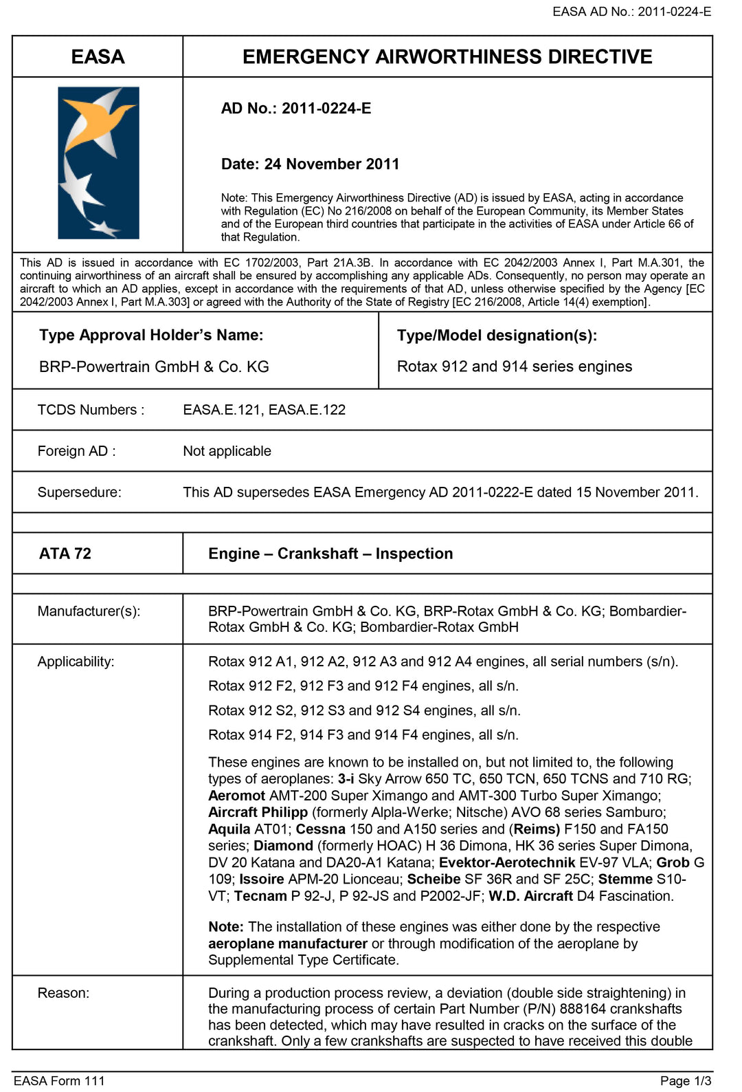 S10 EASA AD Crankshaft Cracking