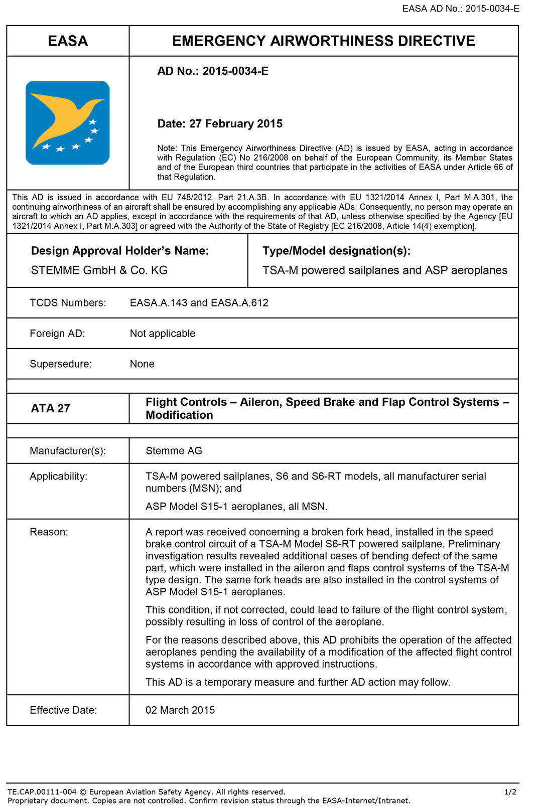 S6 EASA AD Broken Fork Head