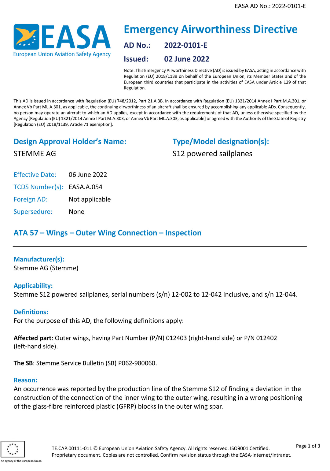 S12 EASA AD Outer Wing Connection
