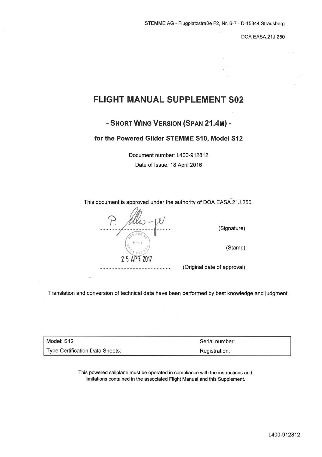 S12 Flight Manual Short Wing Version