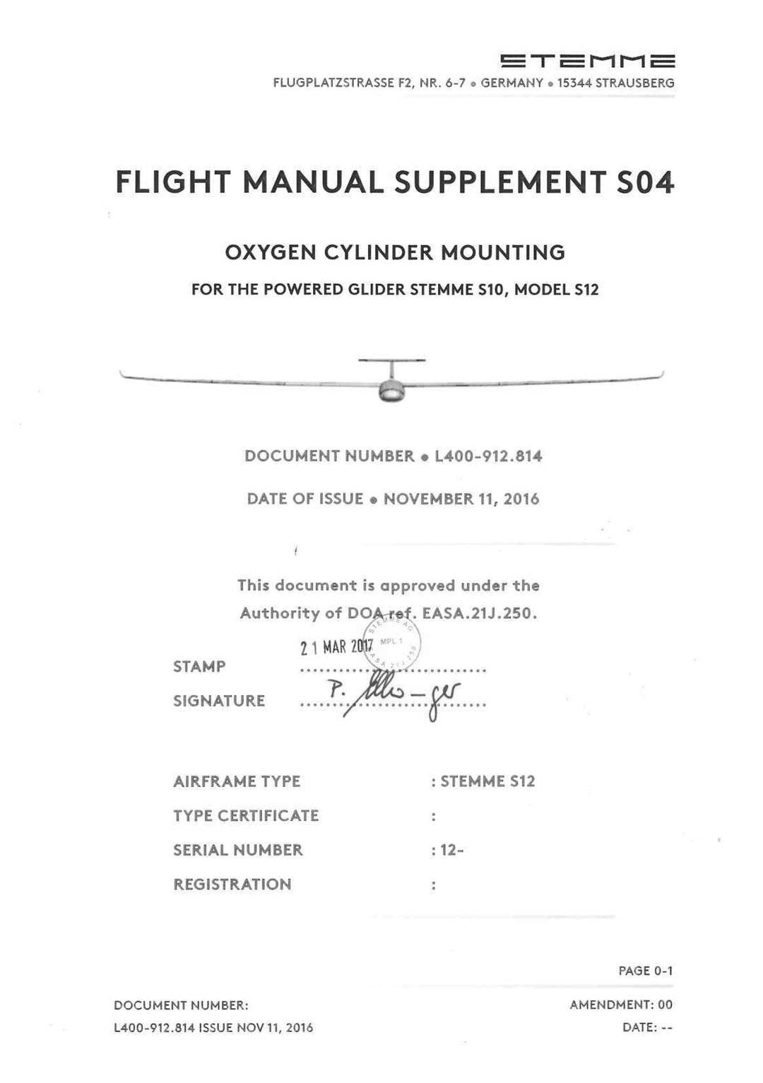 S12 Flight Manual Oxygen Mounting