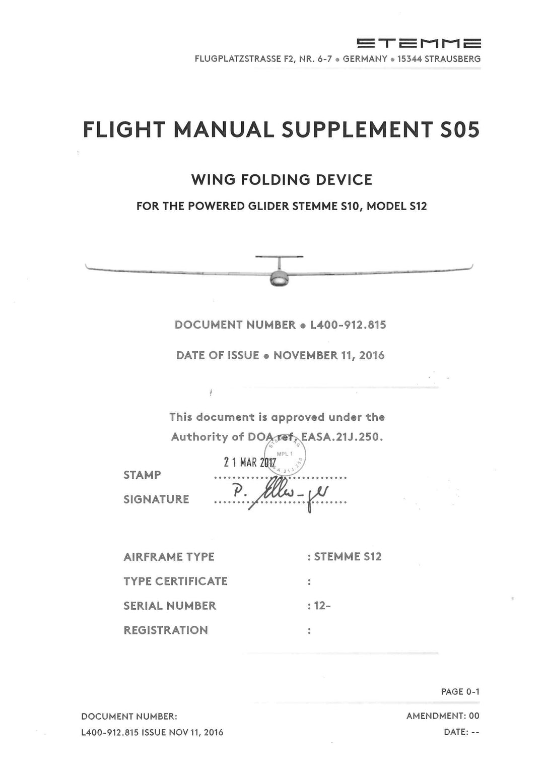 S12 Flight Manual Wing Folding Device