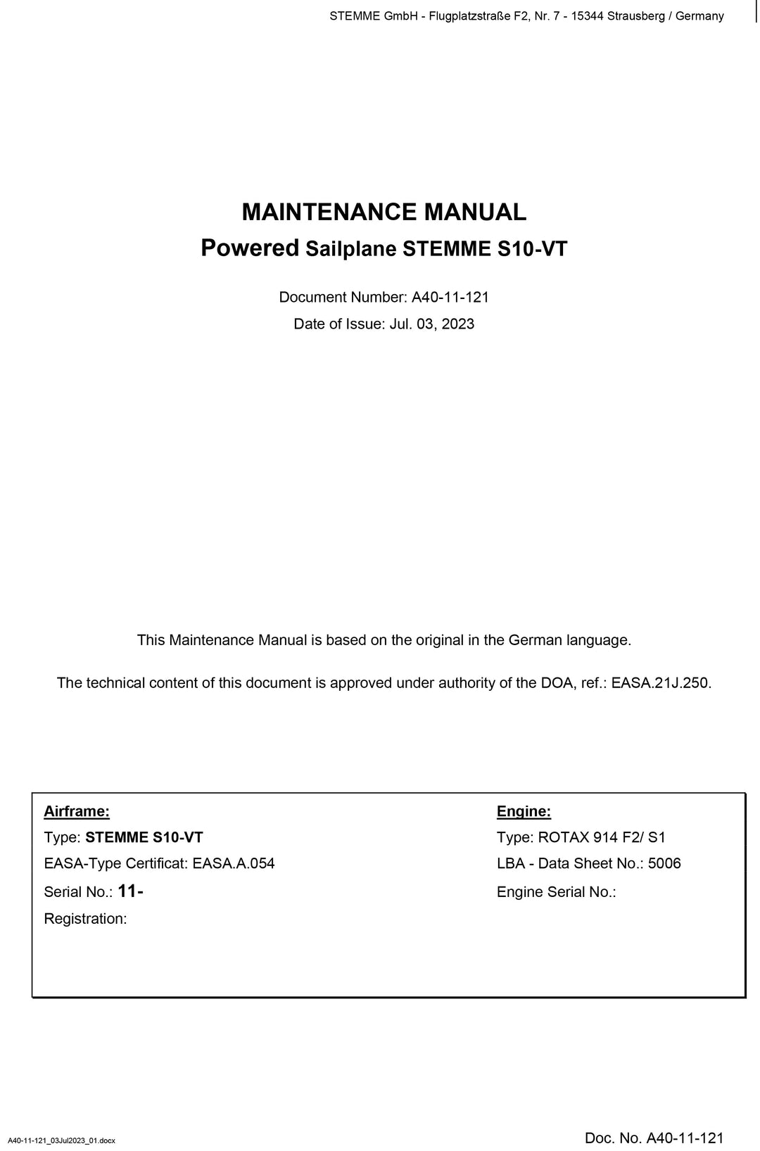 New S10-VT EASA Maintenance Manual