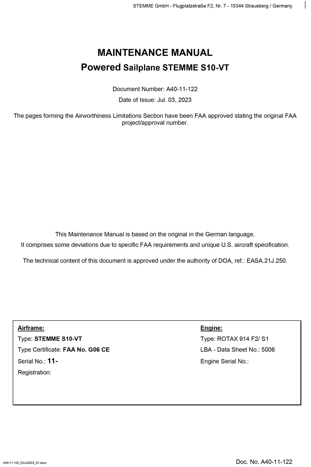 New S10-VT FAA Maintenance Manual
