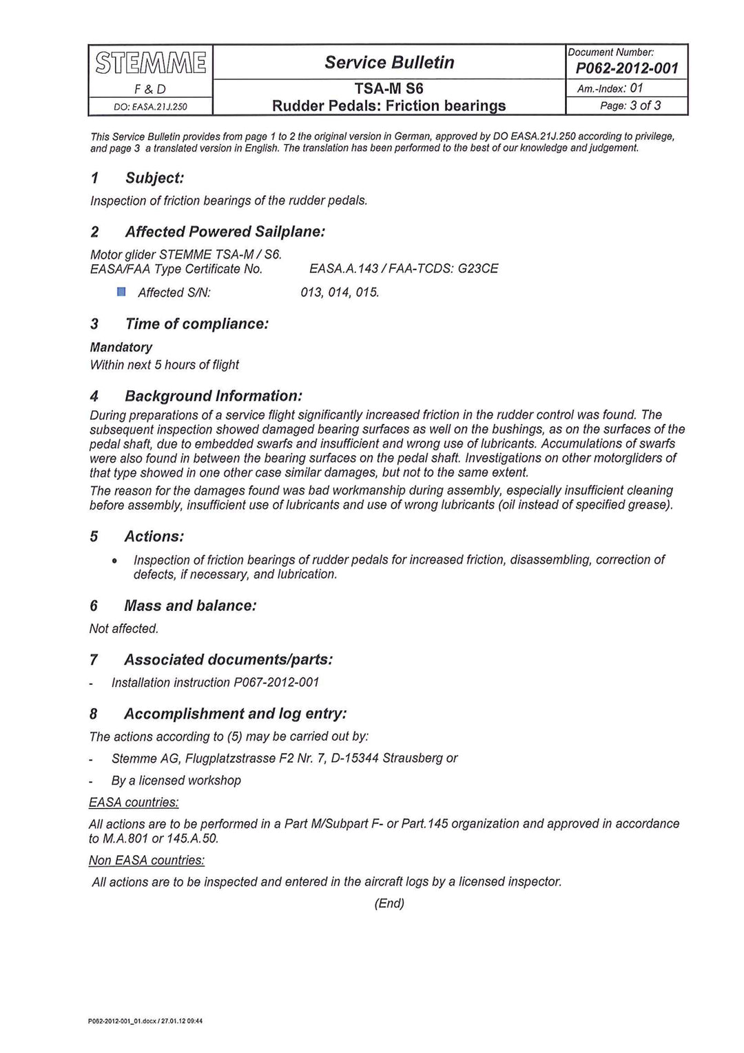 S6 Service Bulletin Friction Bearing Inspect