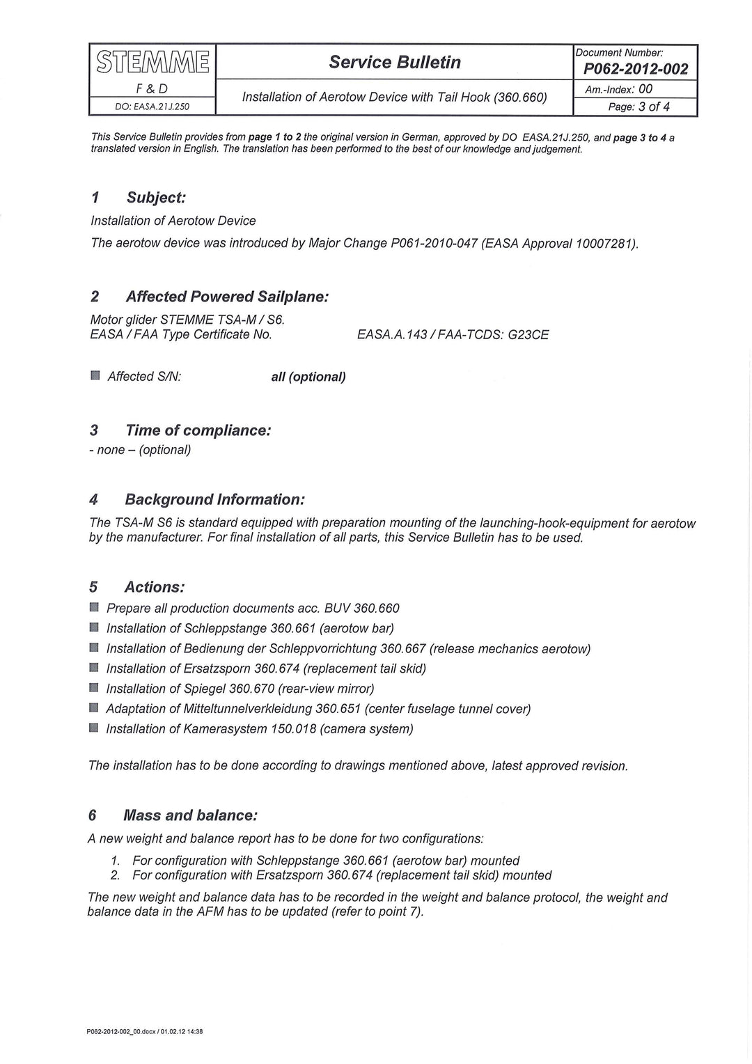 S6 Service Bulletin Aerotow Device Install