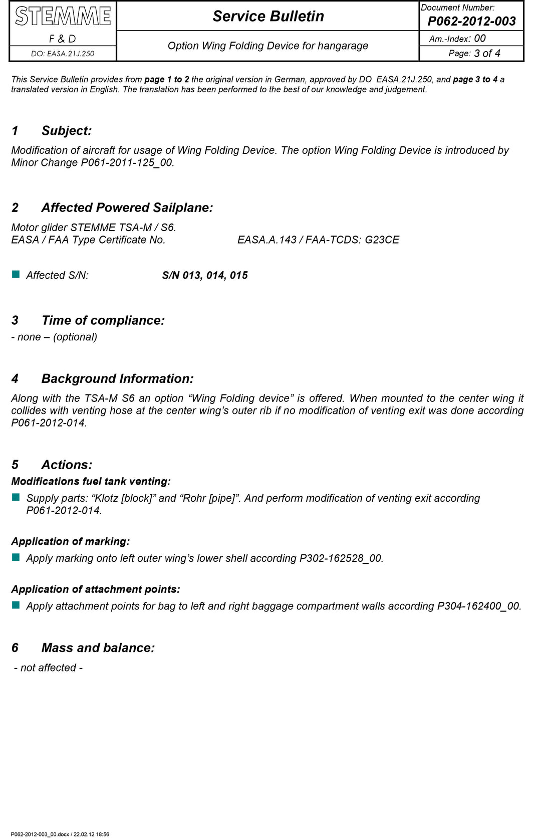 S6 Service Bulletin Wing Fold Device