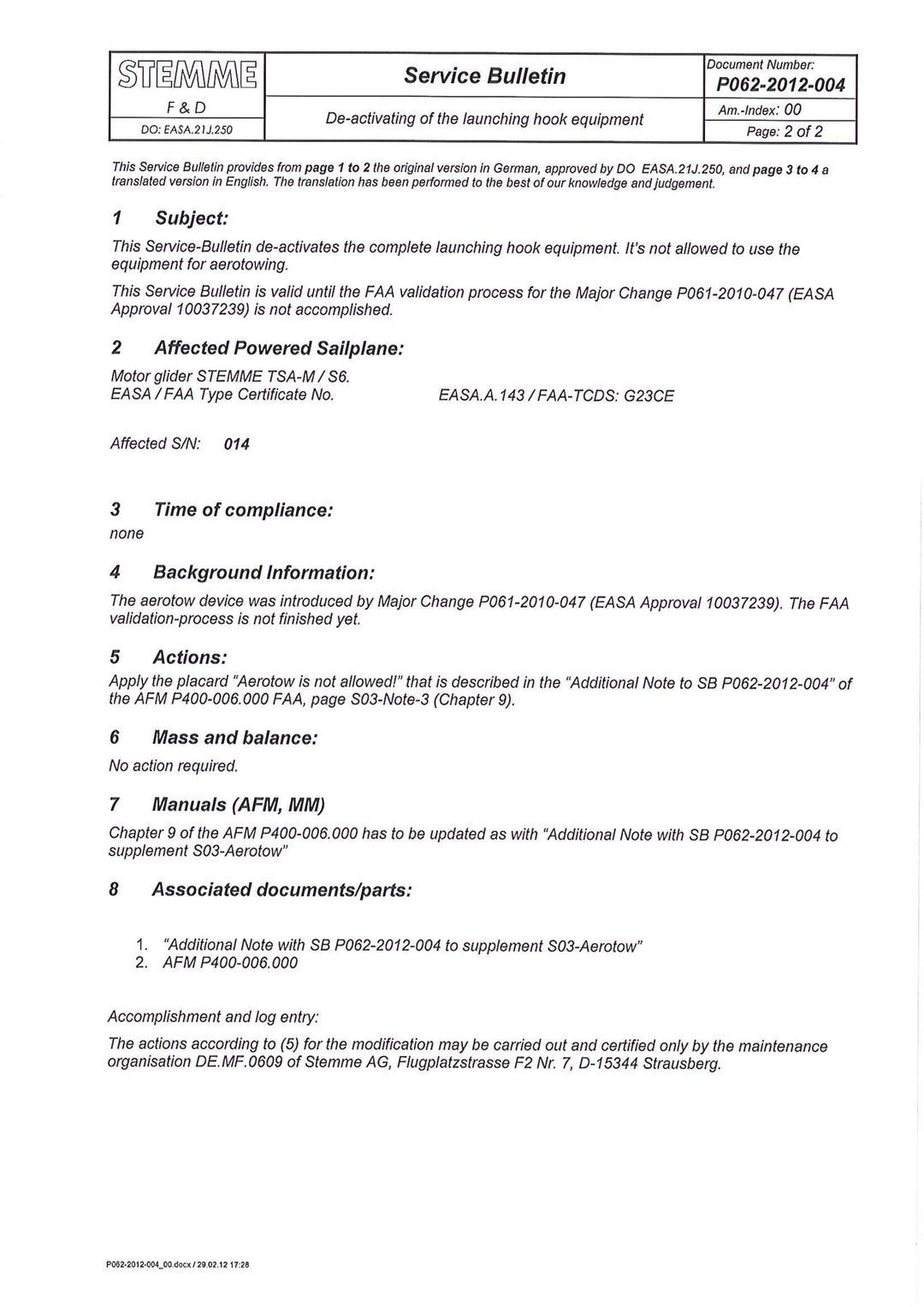 S6 Service Bulletin Launch Hook Deactivate