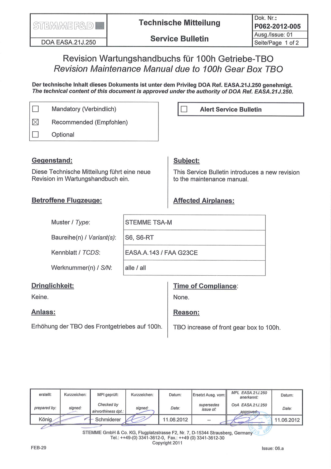 S6 Service Bulletin Maintenance Manual Revision