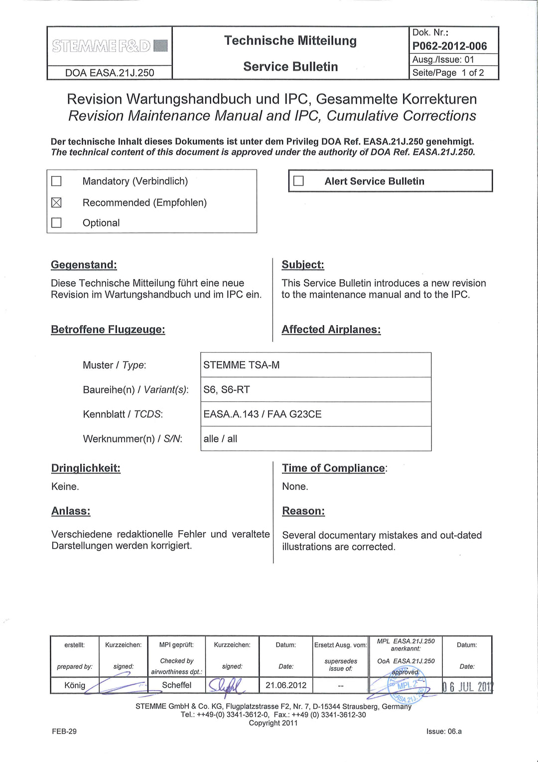 S6 Service Bulletin Maintenance Manual Revision