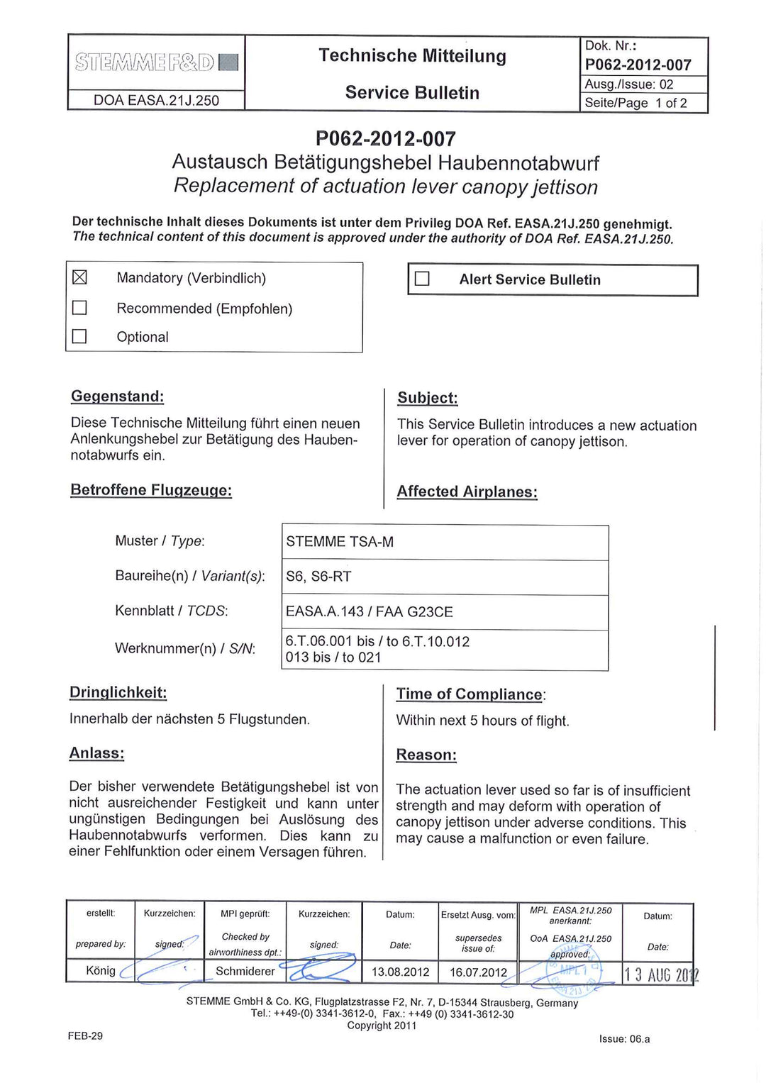 S6 Service Bulletin Canopy Jettison Lever