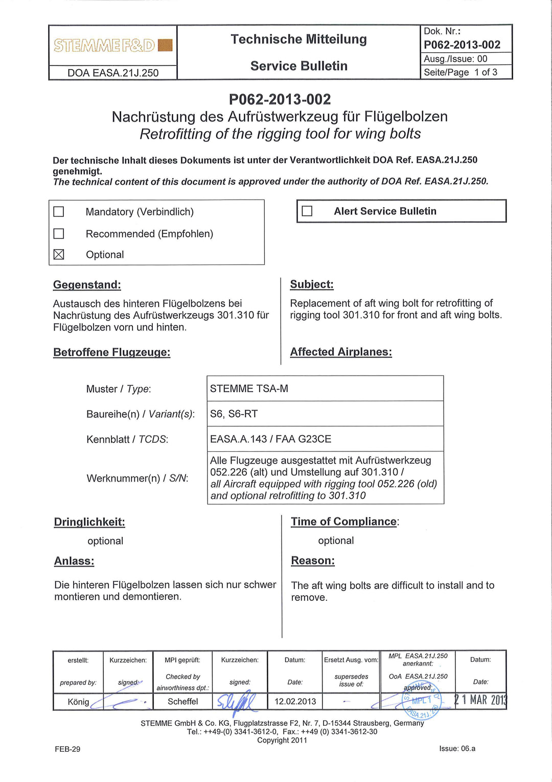 S6 Service Bulletin Wing Bolt Replacement
