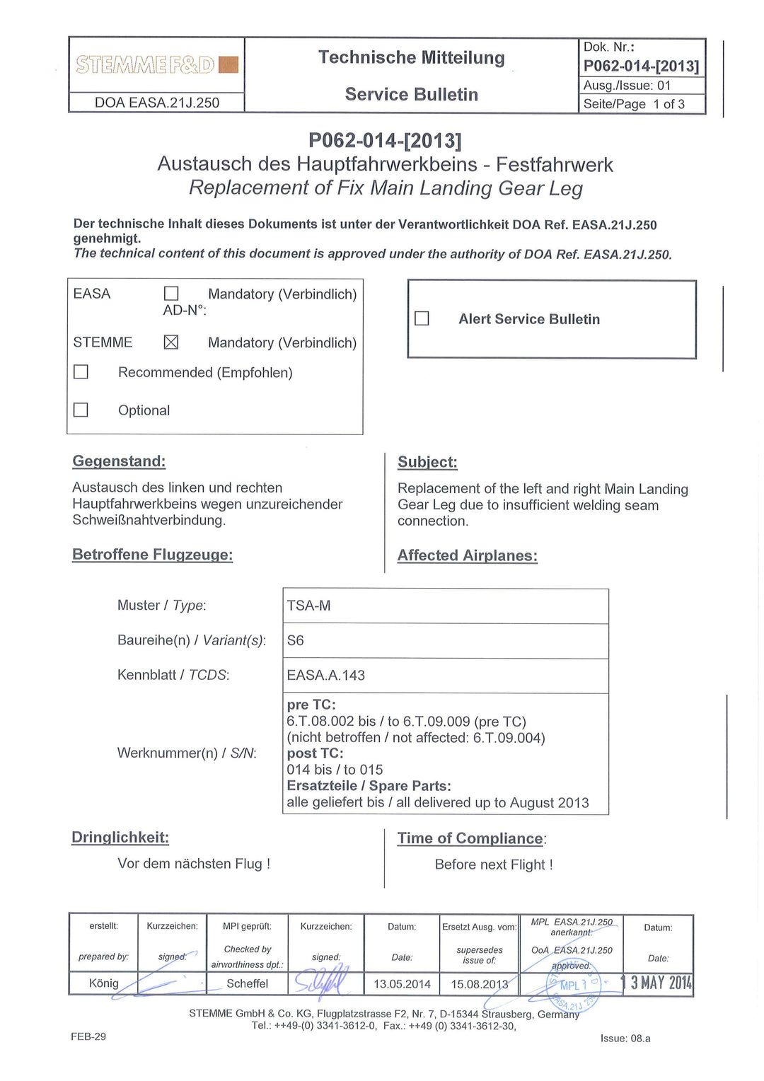S6 Service Bulletin MLG Leg Replacement